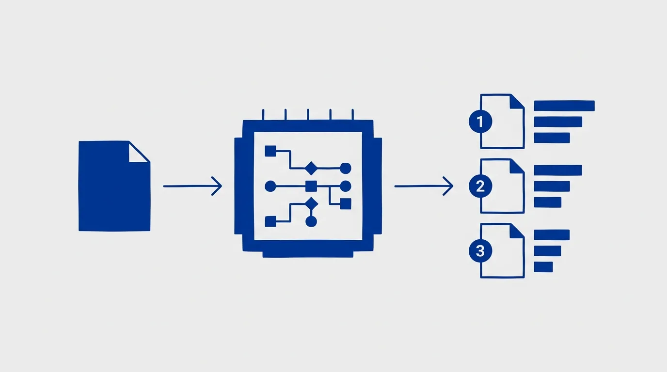 Abstract diagram showing a document icon entering an AI processor block and emerging as a ranked list of three prioritized outputs.