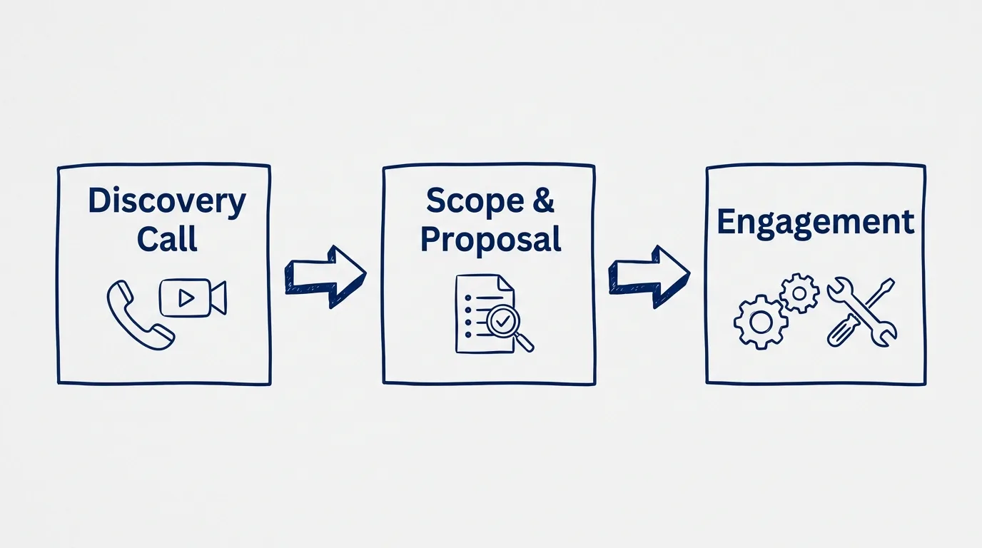 Three structured phases — discovery, proposal, engagement — rendered as abstract gates representing a defined process.